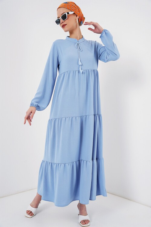 Merterium 1627 Yaka Bağcıklı Tesettür Elbise - Koyu Mavi