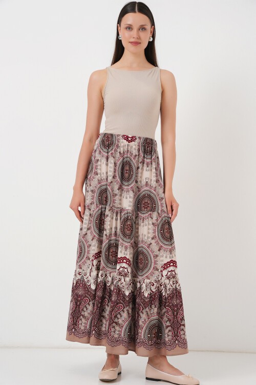 Merterium 1898 Desenli Uzun Etek - Kahverengi