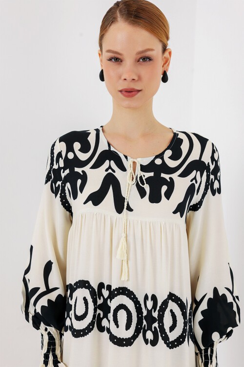 Merterium 1947 Desenli Uzun Elbise - B.Beyaz