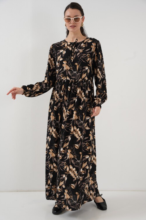 Merterium 1947 Desenli Uzun Elbise - L. Siyah