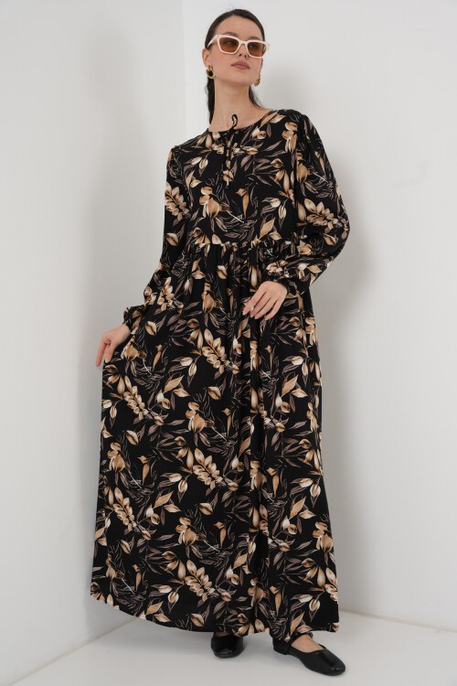 Merterium 1947 Desenli Uzun Elbise - L. Siyah