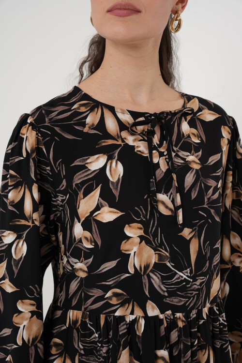 Merterium 1947 Desenli Uzun Elbise - L. Siyah