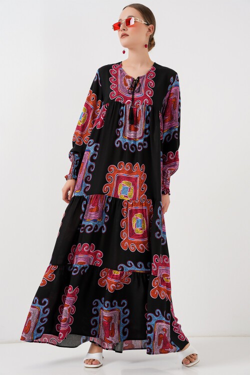 Merterium 1947 Desenli Uzun Elbise - M. Kırmızı