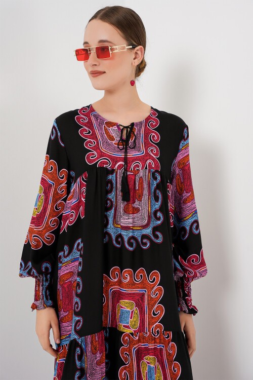 Merterium 1947 Desenli Uzun Elbise - M. Kırmızı