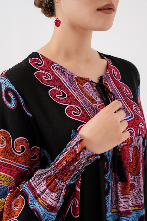 Merterium 1947 Desenli Uzun Elbise - M. Kırmızı