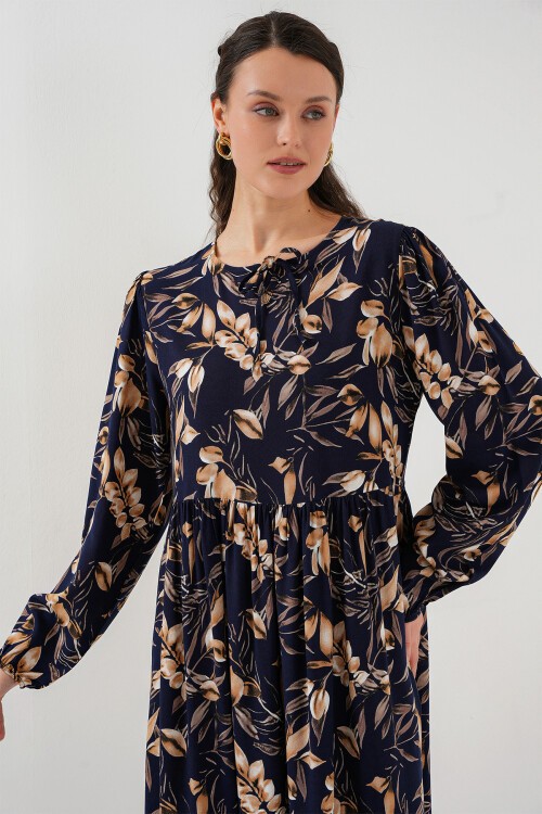 Merterium 1947 Desenli Uzun Elbise - M. Lacivert