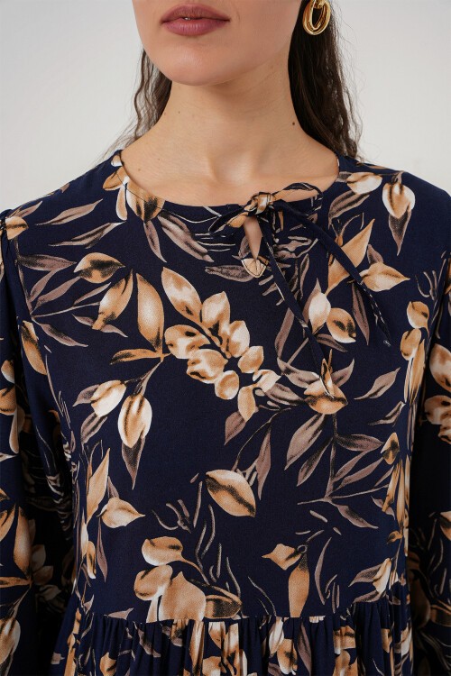 Merterium 1947 Desenli Uzun Elbise - M. Lacivert