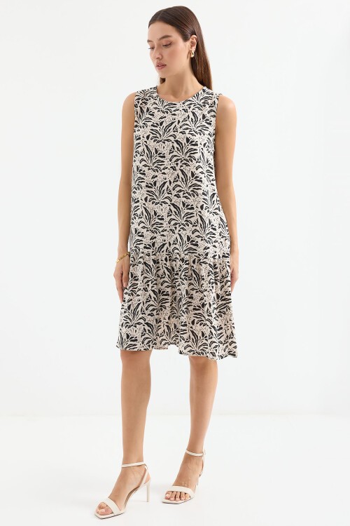 Merterium 1962 Desenli Viskon Siyah Krem Elbise