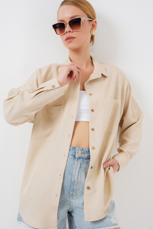 Merterium 20126 Oversize Keten Gömlek - Bej