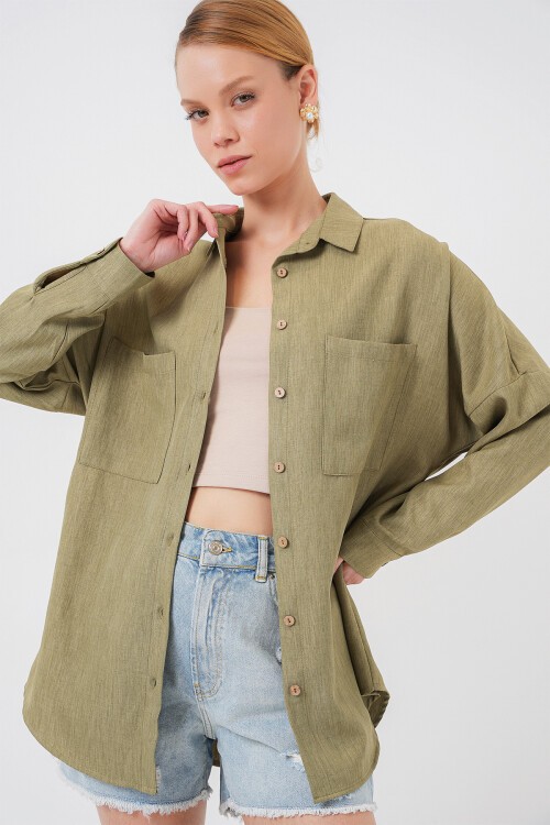 Merterium 20126 Oversize Keten Gömlek - Çağla