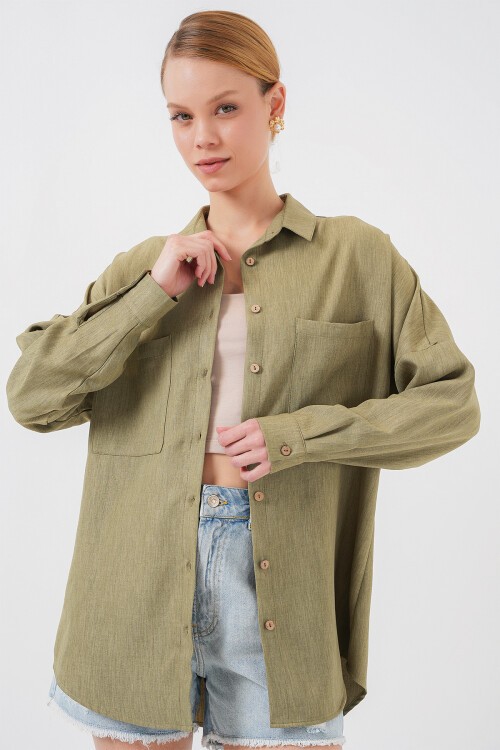 Merterium 20126 Oversize Keten Gömlek - Çağla