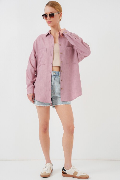 Merterium 20126 Oversize Keten Gömlek - Gül Kurusu