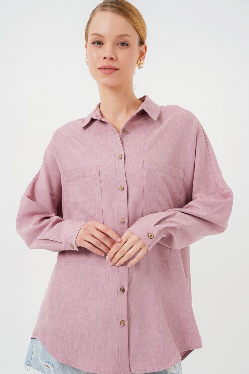 Merterium 20126 Oversize Keten Gömlek - Gül Kurusu