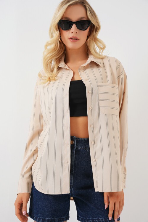 Merterium 20143 Cepli Oversize Gömlek - Krem