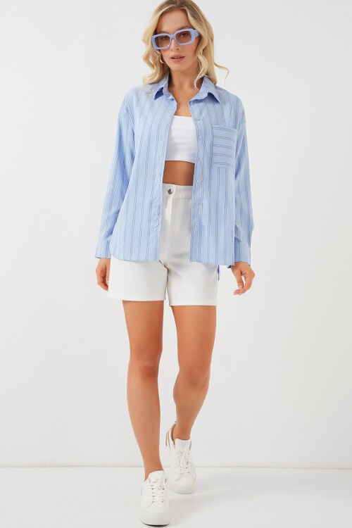 Merterium 20143 Cepli Oversize Gömlek - Mavi