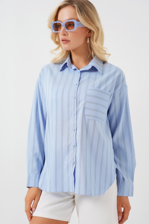Merterium 20143 Cepli Oversize Gömlek - Mavi