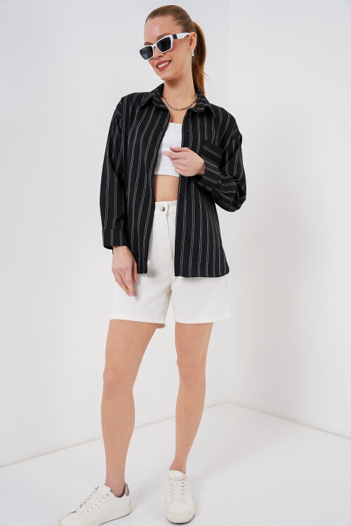 Merterium 20143 Cepli Oversize Gömlek - Siyah