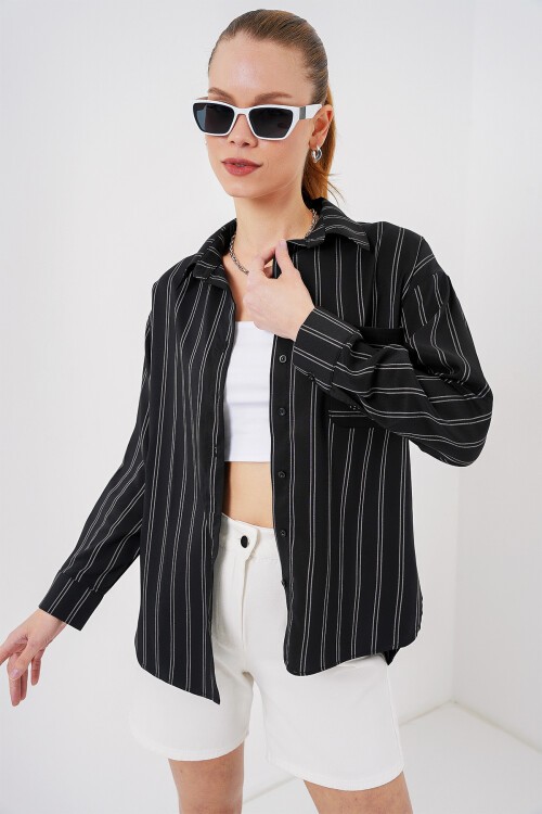Merterium 20143 Cepli Oversize Gömlek - Siyah
