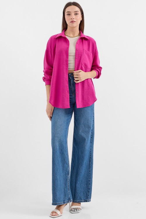 Merterium 20153 Tek Cepli Oversize Keten Gömlek - Koyu Pembe