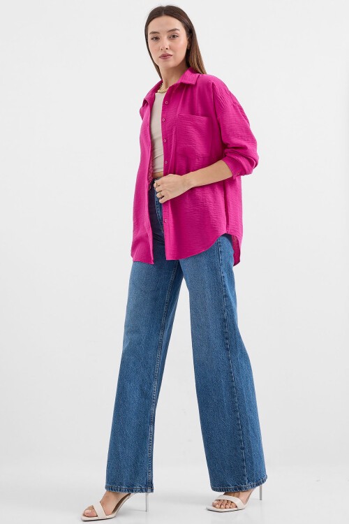 Merterium 20153 Tek Cepli Oversize Keten Gömlek - Koyu Pembe