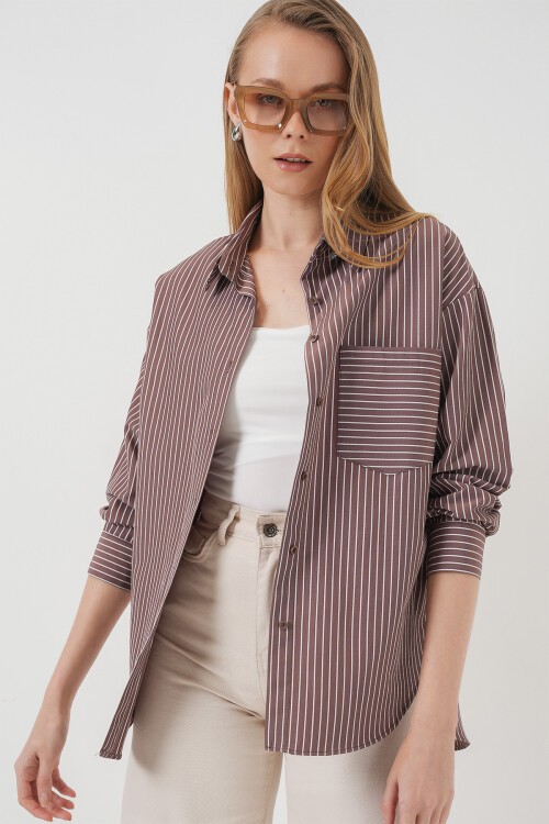 Merterium 20205 Çizgili Oversize Gömlek - Kahverengi