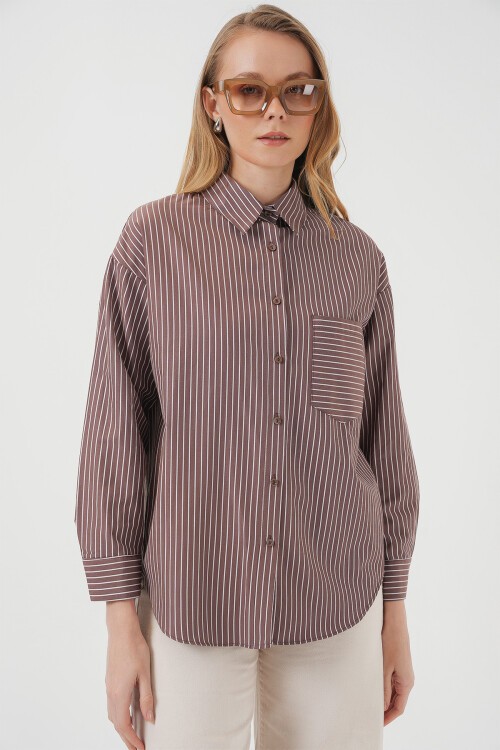 Merterium 20205 Çizgili Oversize Gömlek - Kahverengi