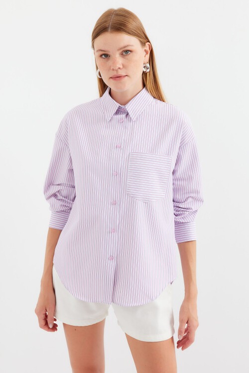 Merterium 20212 Tek Cepli Çizgili Oversize Gömlek - Pembe