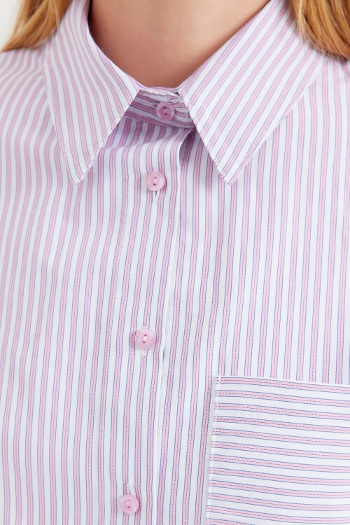 Merterium 20212 Tek Cepli Çizgili Oversize Gömlek - Pembe