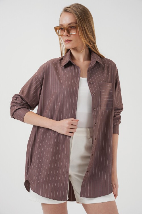 Merterium 20217 Cep Detaylı Çizgili Oversize Gömlek - Kahverengi