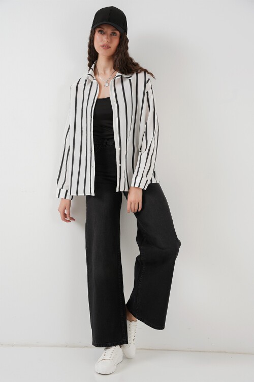 Merterium 20254 Çizgili Oversize Basic Gömlek - Siyah - Beyaz 1