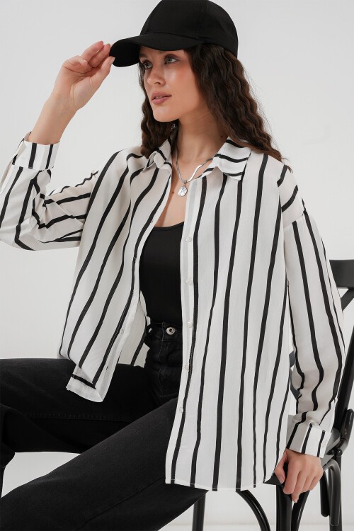 Merterium 20254 Çizgili Oversize Basic Gömlek - Siyah - Beyaz 1