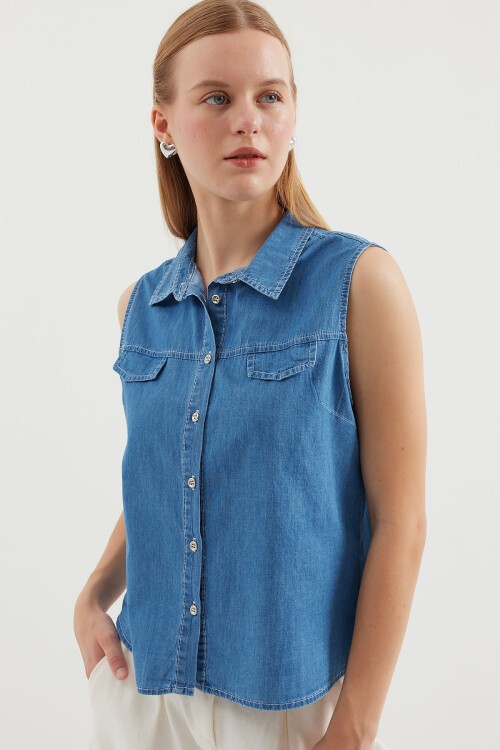 Merterium 20257 Sıfır Kol Kot Gömlek - Lacivert