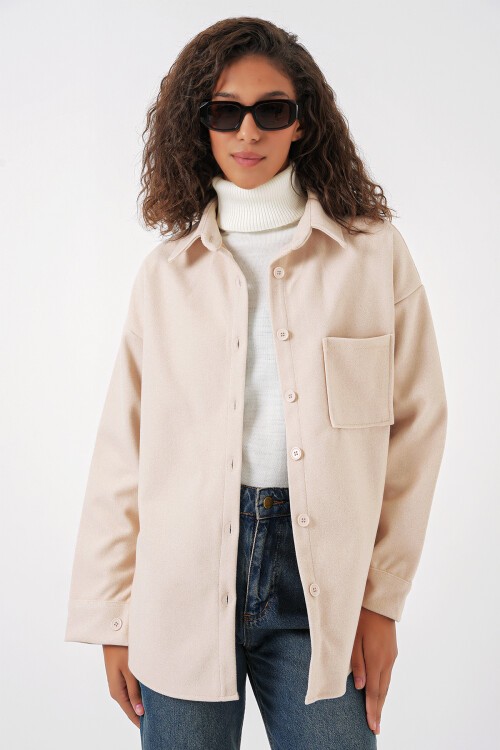 Merterium 20273 Tek Cepli Düğmeli Kaşe Gömlek - Krem