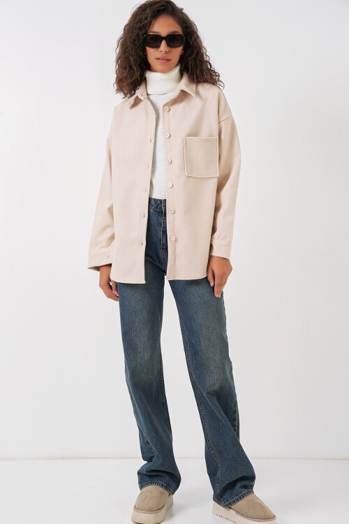 Merterium 20273 Tek Cepli Düğmeli Kaşe Gömlek - Krem