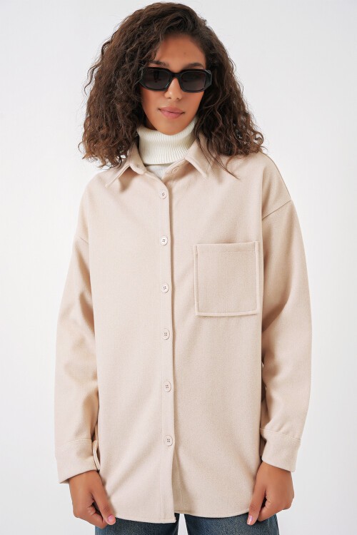 Merterium 20273 Tek Cepli Düğmeli Kaşe Gömlek - Krem