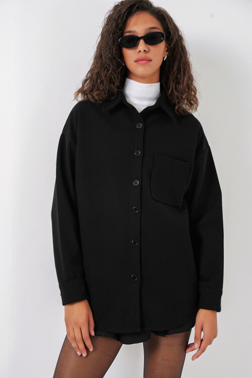 Merterium 20273 Tek Cepli Düğmeli Kaşe Gömlek - Siyah