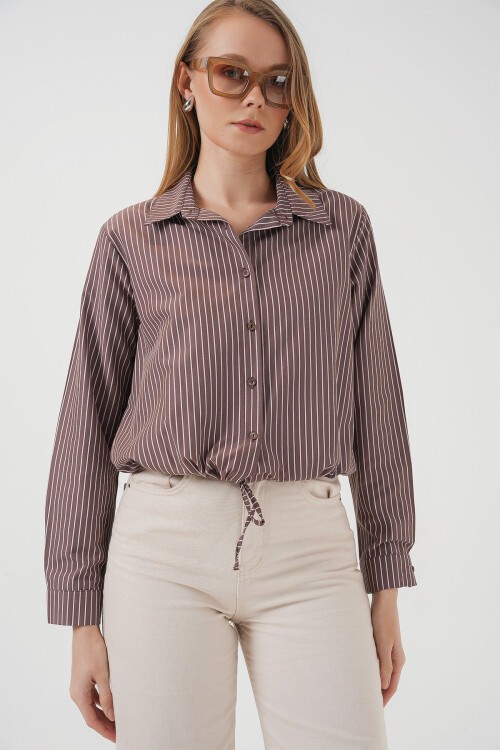 Merterium 20276 Uzun Kol Çizgili Gömlek - Kahverengi