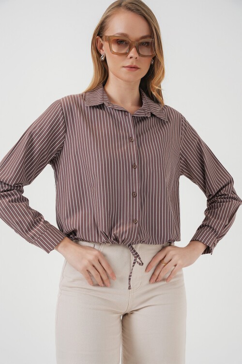 Merterium 20276 Uzun Kol Çizgili Gömlek - Kahverengi