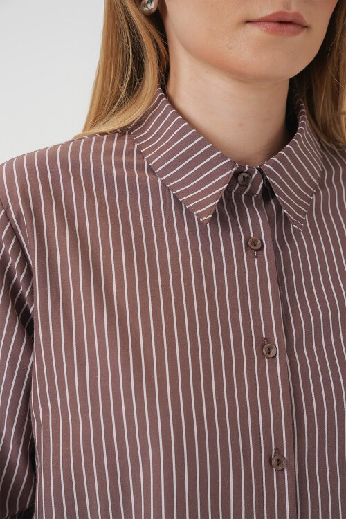 Merterium 20276 Uzun Kol Çizgili Gömlek - Kahverengi