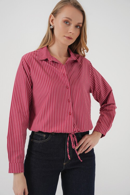Merterium 20276 Uzun Kol Çizgili Gömlek - Kırmızı