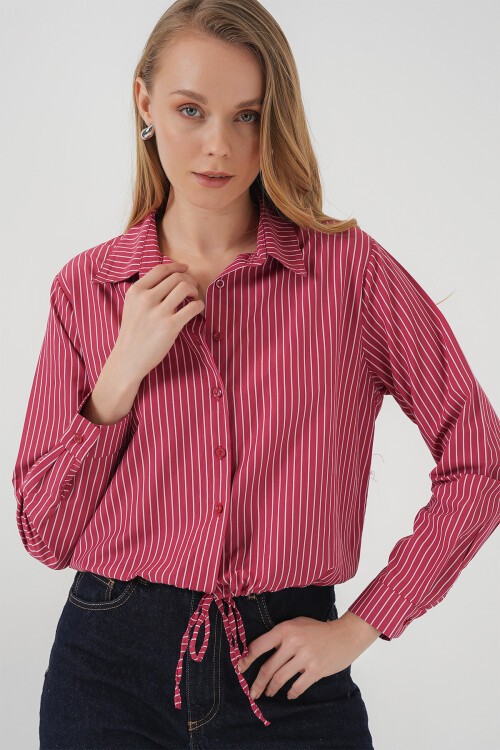Merterium 20276 Uzun Kol Çizgili Gömlek - Kırmızı