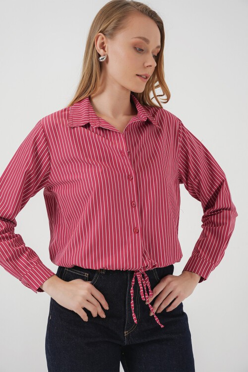 Merterium 20276 Uzun Kol Çizgili Gömlek - Kırmızı