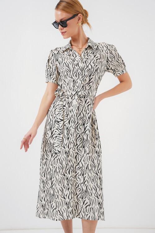 Merterium 2213 Kısa Kol Viskon Elbise - C.Beyaz