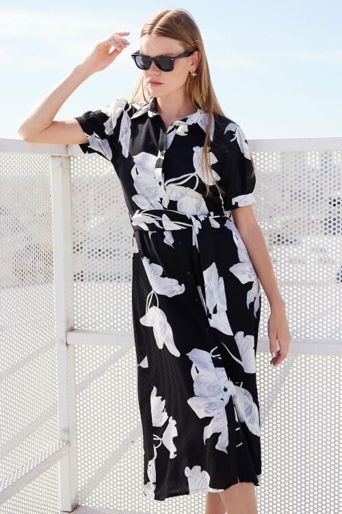 Merterium 2213 Kısa Kol Viskon Elbise - D. Siyah