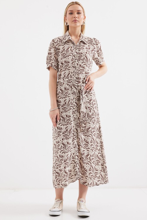 Merterium 2213 Kısa Kol Viskon Elbise - Kahverengi