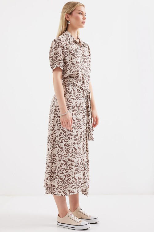 Merterium 2213 Kısa Kol Viskon Elbise - Kahverengi