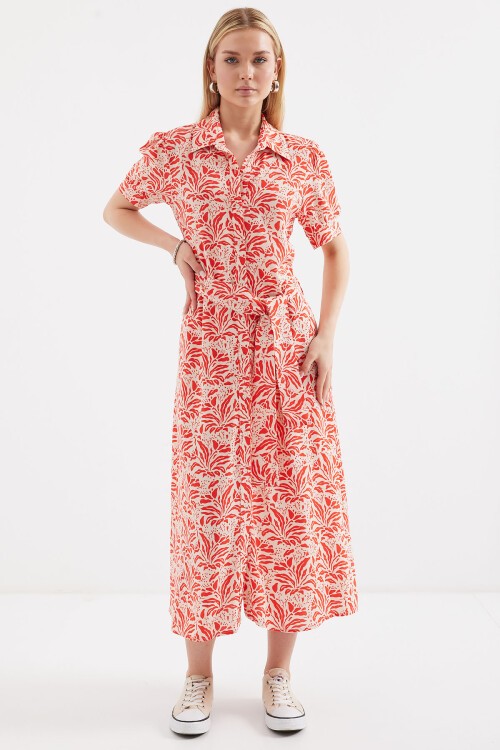 Merterium 2213 Kısa Kol Viskon Elbise - Kırmızı