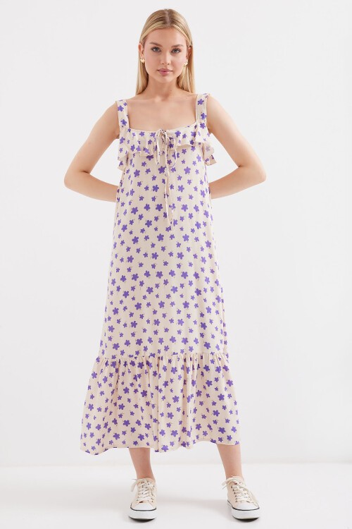 Merterium 2237 Desenli Askılı Viskon Elbise - Lila