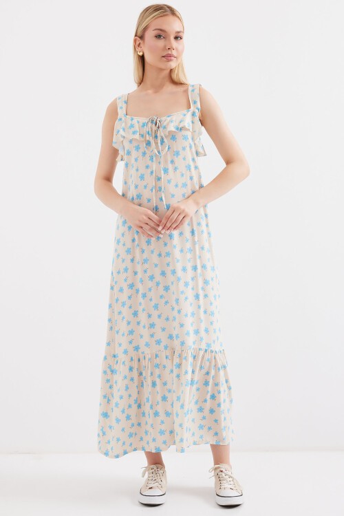 Merterium 2237 Desenli Askılı Viskon Elbise - Mavi