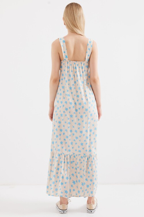 Merterium 2237 Desenli Askılı Viskon Elbise - Mavi